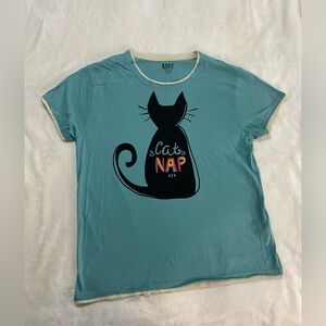 Lazy One Cat Nap Women T-Shirt M Blue Cotton Lounge Top Short sleeve Cat’s Lover